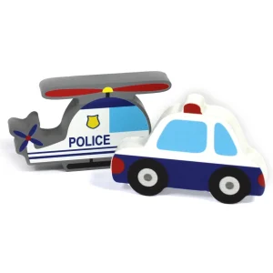 Chunky Wooden Police Helicopter & Car Set for Small World Imaginative Play.