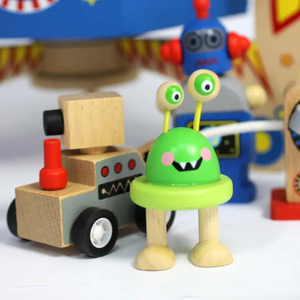 Eco-Friendly Small World Wooden Space Station Playset for Galactic Adventures